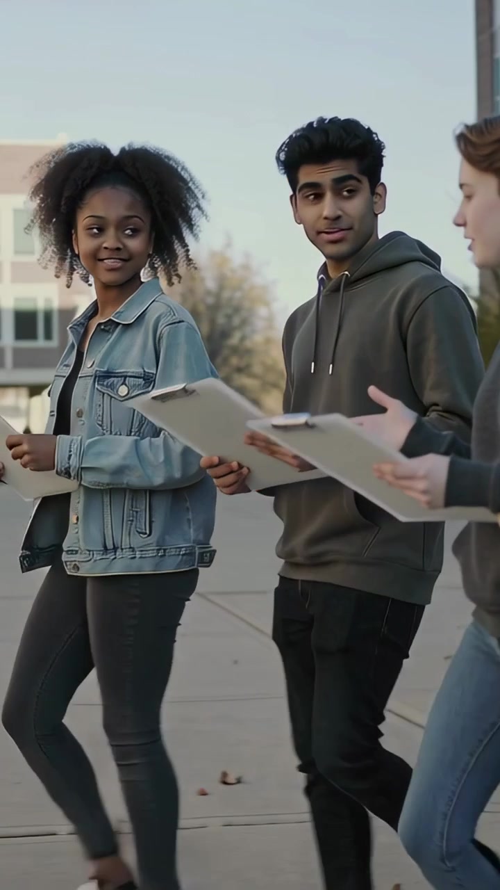 Vertikal video: Gående tre studenter som utfører campusundersøkelse, utklippstavler, dongerijakke og hettegensere
