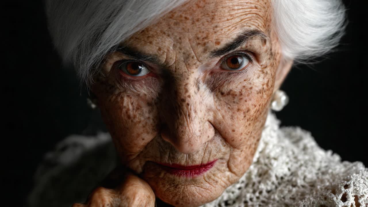 A Captivating Portrait of an Elderly Woman with Distinctive Features and Poignant Expression, Highlighting the Beauty of Aging and Lifelong Experiences