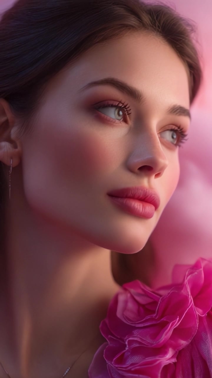 Ritratto di bellezza accattivante: un primo piano di una giovane donna con trucco ispirato ai fiori e illuminazione soffusa, che esalta i tratti aggraziati e l'eleganza raffinata.