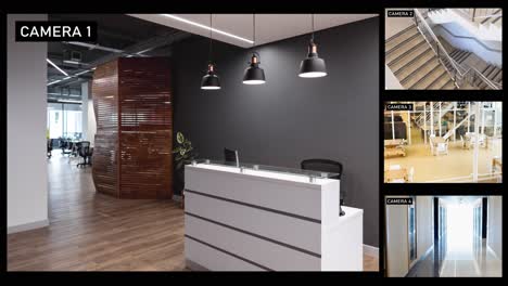 Split-screen-with-four-security-camera-views-of-business-premises,-slow-motion