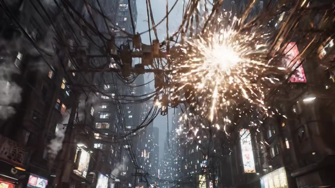 Et futuristisk bylandskab, der viser tætte bystrukturer, sammenfiltrede ledninger over hovedet og levende reklamer, der oplyser de regnvåde gader, hvilket skaber en fordybende sci-fi-atmosfære
