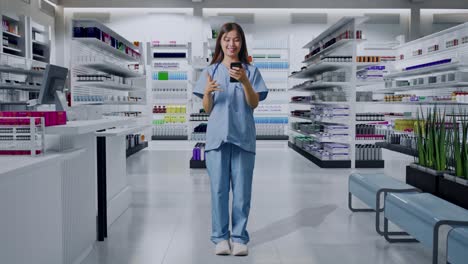 cuerpo lleno de médico asiático con estetoscopio usando teléfono inteligente y diciendo wow mientras estaba de pie en la farmacia