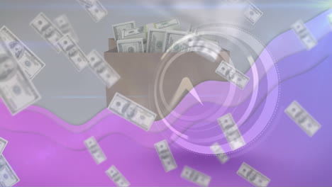 animación de onda púrpura sobre billetes de dólares estadounidenses y relojes que tiquetean
