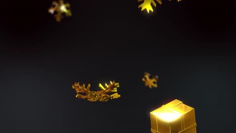 Animation-of-gold-presents-and-snowflakes-falling-over-black-background