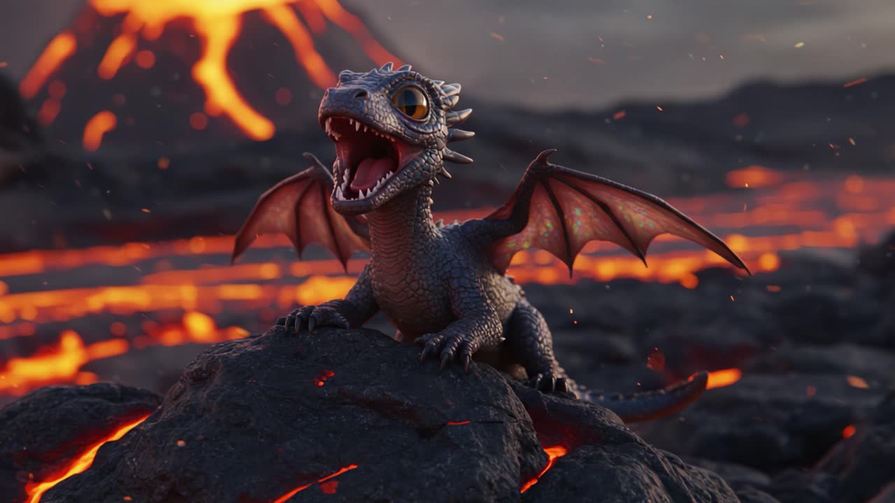 A Young Dragon Roams an Active Volcano Landscape, Emitting Curiosity and Wonder Amidst the Fiery Lava Flows and Majestic Eruptions in a Fantastical Realm