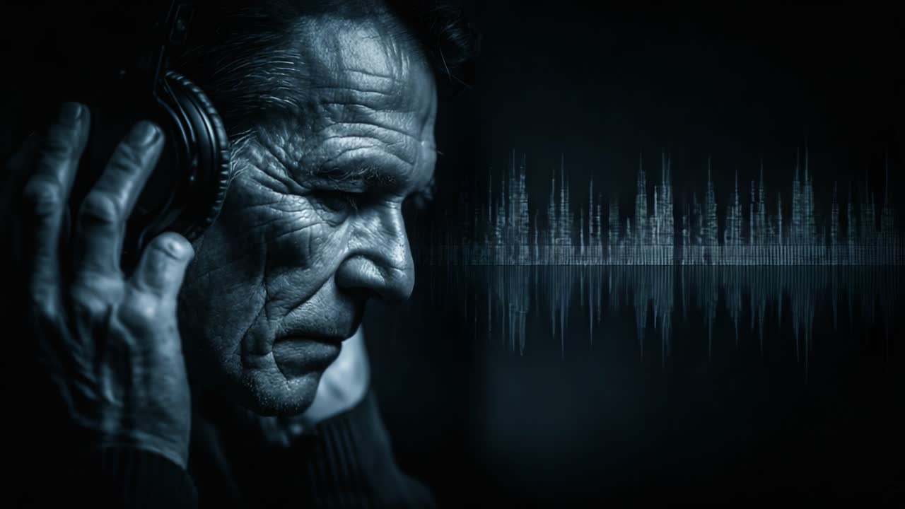 A Deep Reflection on Sound and Memory: An Elderly Man Engaging with Music through Headphones, Capturing the Essence of Listening in an Artistic Visual Interpretation
