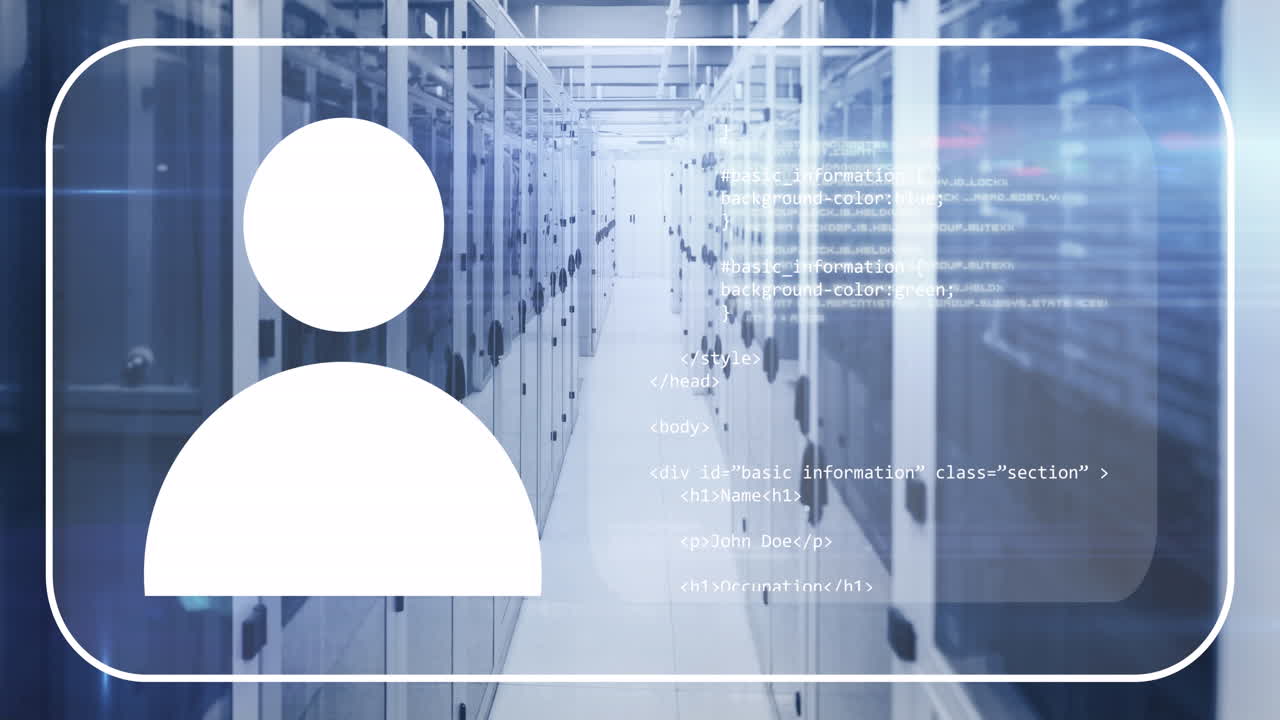 animación del icono del perfil, procesamiento de datos y puntos de luz contra la sala del servidor de la computadora