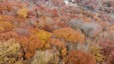 el follaje de otoño en el parque estatal devil's den en arkansas, estados unidos - disparo de avión no tripulado