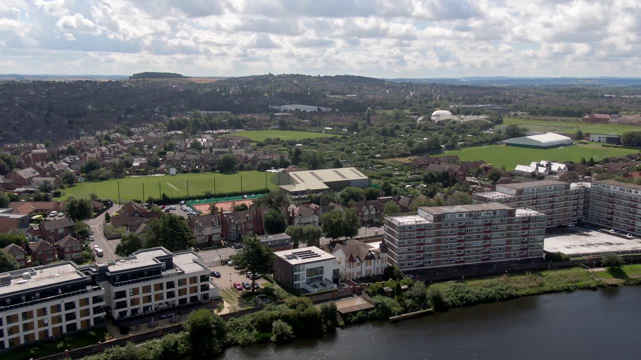 Wide panoramic drone shot of rural area in Nottingham England on sunny day