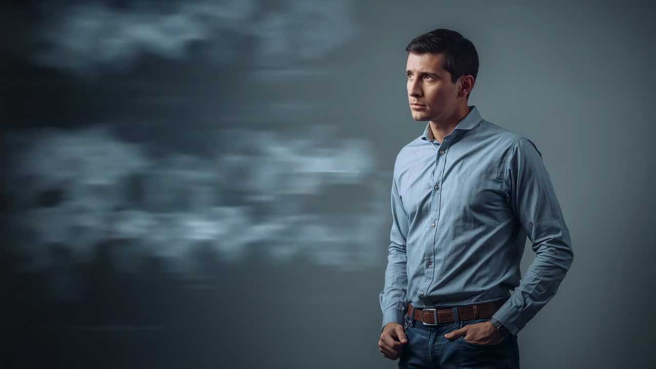 Fumo alla deriva, uomo che sposta lo sguardo, alza il mento verso l'ambientazione grigia, camicia blu, jeans, spazio per il testo