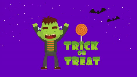 escena oscura de halloween con frankenstein y murciélagos volando