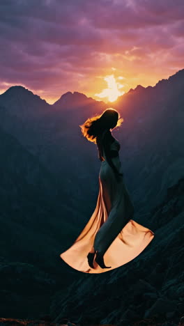 mujer en un vestido al atardecer en las montañas