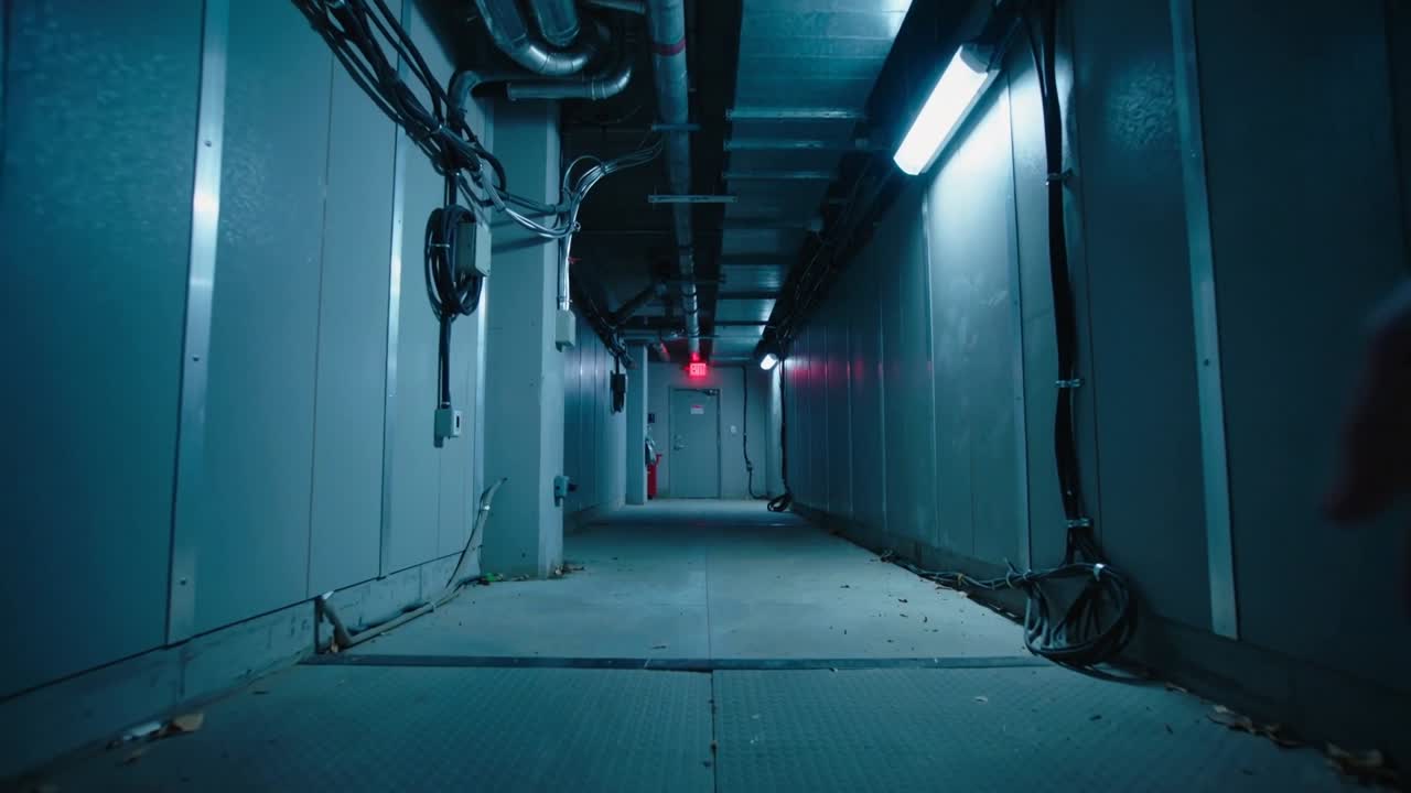 Hand entering edge urging man in jacket moving through corridor toward red exit sign, seeking exit