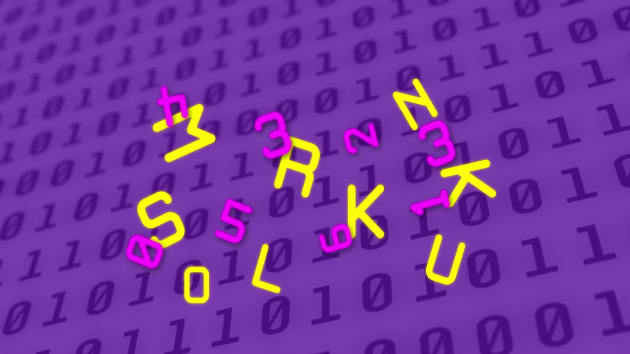 Animation of floating letters and numbers over scientific data processing