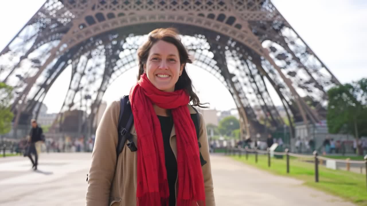 A Joyful Journey: Exploring the Iconic Elegance of the Eiffel Tower as a Woman Embraces the Experience with a Smile and a Vibrant Red Scarf