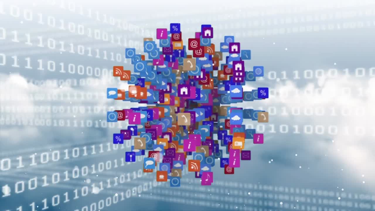 Animation of globe with icons and data processing over sky with clouds