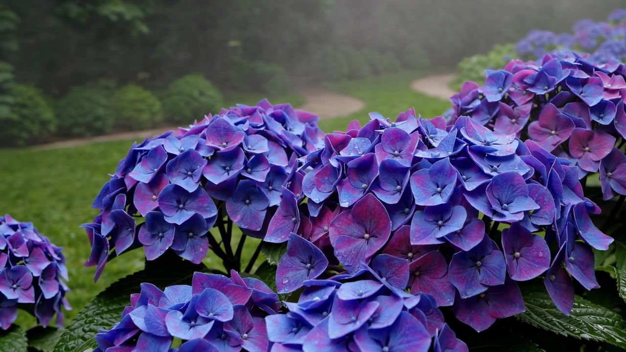 Ortensie blu e viola dai colori vivaci in un giardino nebbioso.