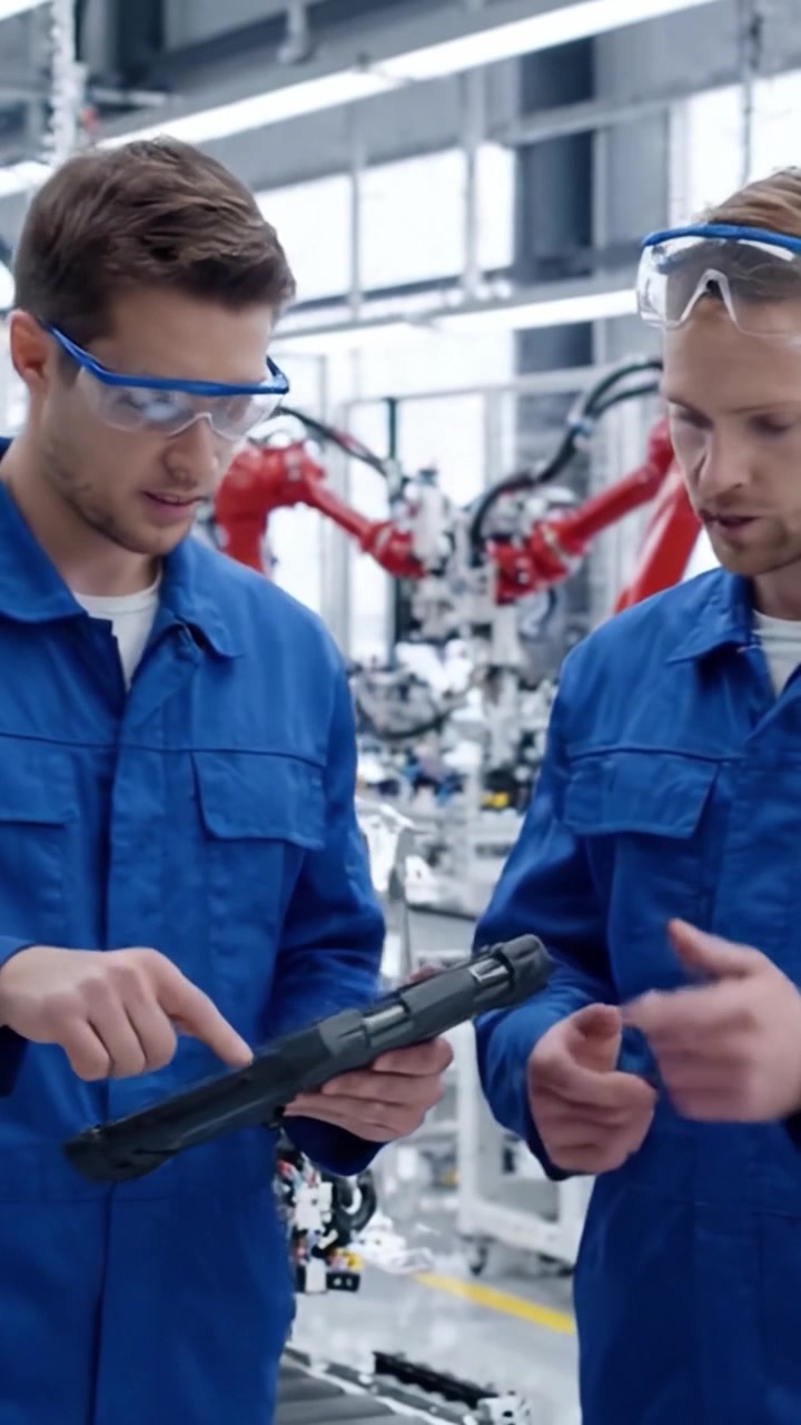 Two Engineers Collaborate on Robotics Technology in an Advanced Manufacturing Facility, Engaging with Cutting-Edge Automation Tools and Equipment in an Innovative Environment