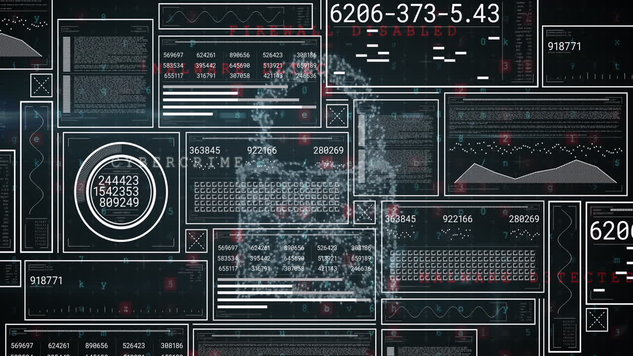 Animation of padlock, cloud, shield, graphs, loading bars and circles with numbers, letters, symbols