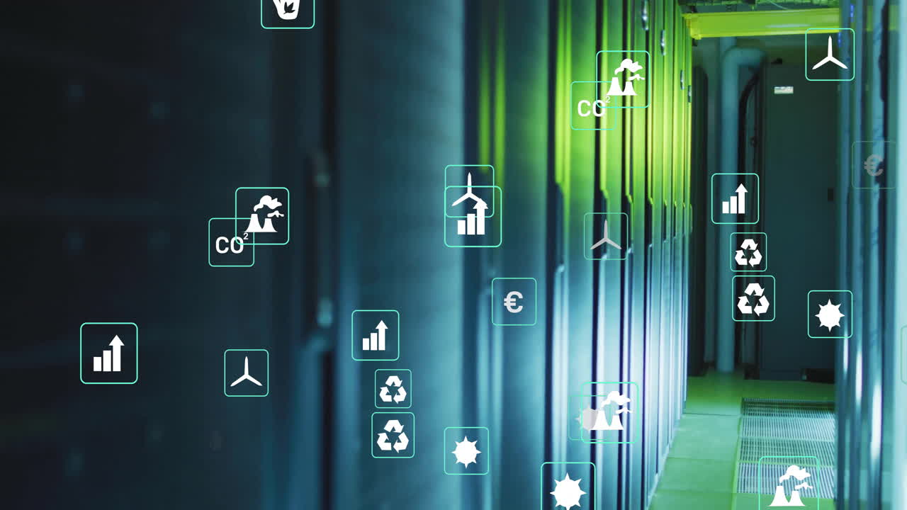Animation of ecology icons over server room