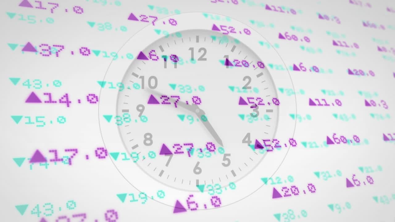All'inizio dell'animazione, le lancette dell'orologio si muovono in senso orario illustrando il flusso del tempo con frecce di mercato che si spostano