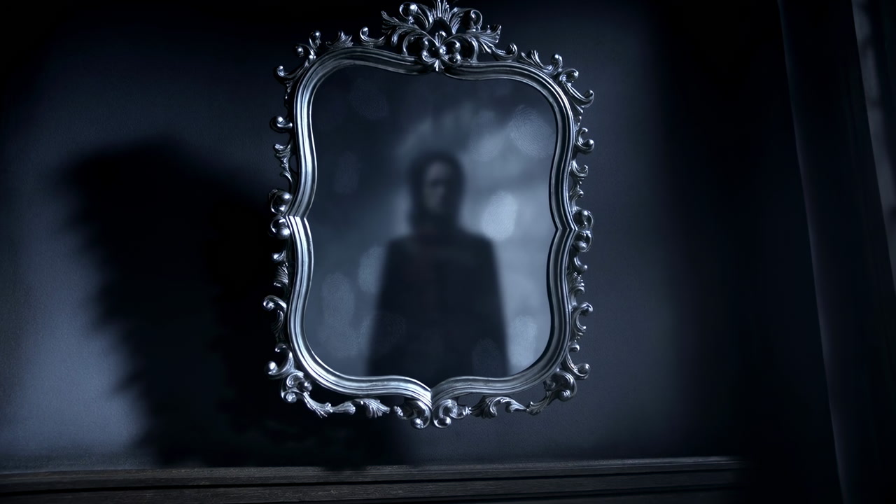 Dark Room Mirror Shows Shadow Silhouette Of Mysterious Figure Behind Fogged Glass, Ornate Antique Frame