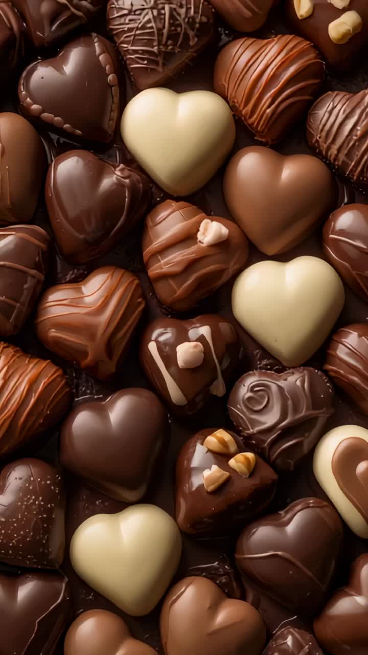 Vertical video: Panning camera moving down over tray showing hearts to highlight drizzles, nuts
