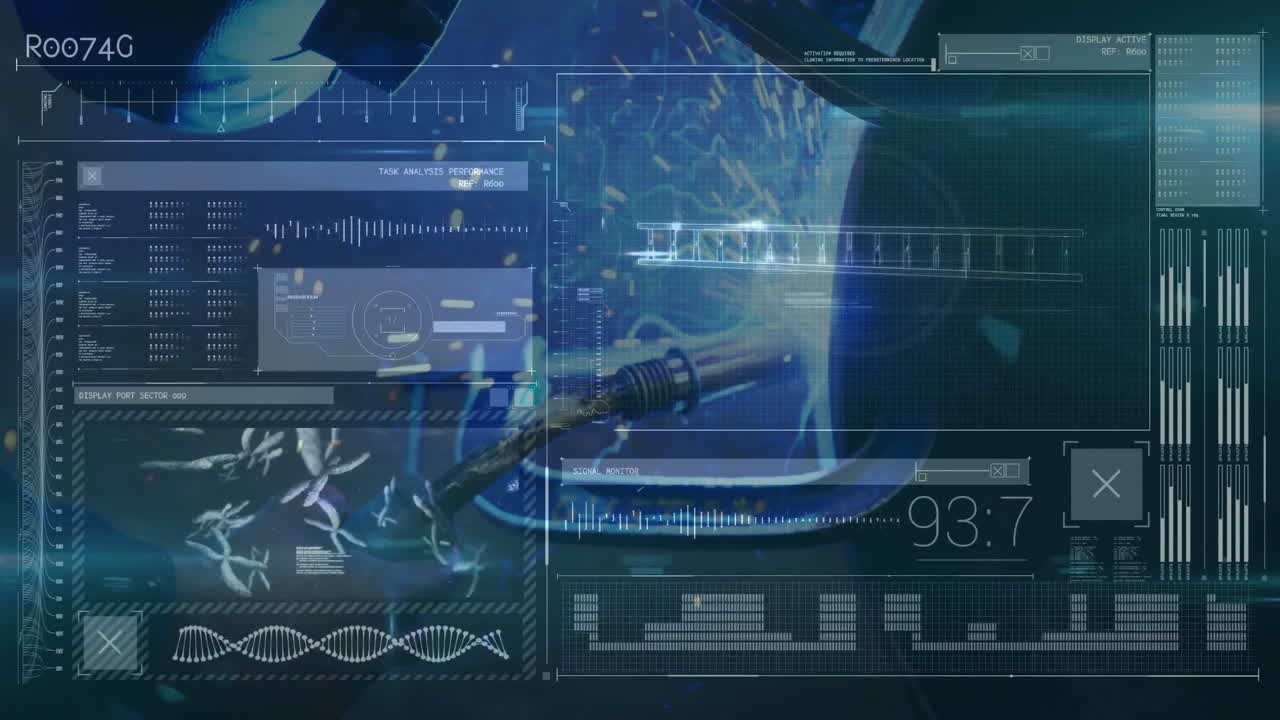 Senior male welder operating torch in tech workshop, projecting holo charts, DNA helix and 3D beam