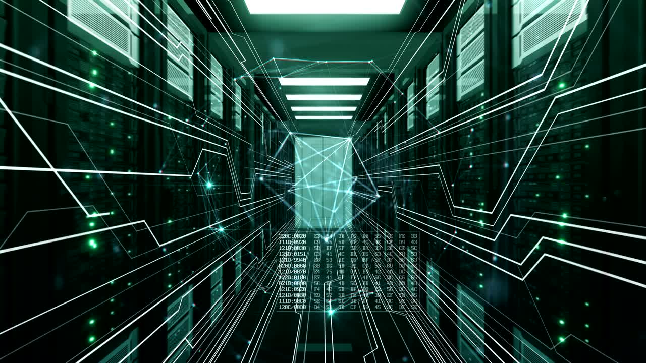 Beautiful Futuristic Network Grid Growing in Abstract Data Center with Information Stream Lines and Digital Code. Looped 3d Animation. Digital Business and Technology Concept.