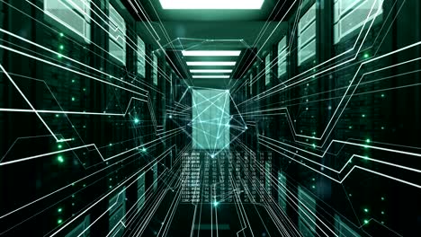 beautiful futuristic network grid growing in abstract data center with information stream lines and digital code. looped 3d animation. digital business and technology concept.