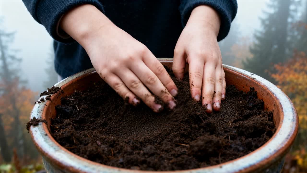 Bambino chinato che preme a mani nude, con maniche scure, comprimendo il terreno per piantare su una terrazza, in un vaso di argilla.