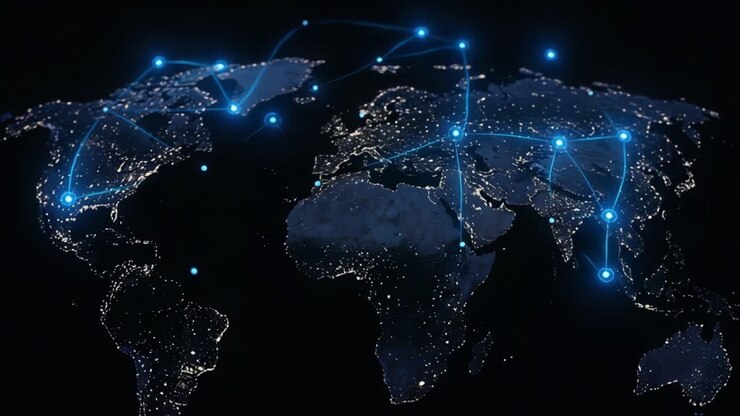 Visualizing Global Connections Through a Network of Bright Points Representing Major Cities and Communication Links Across a Dark World Map