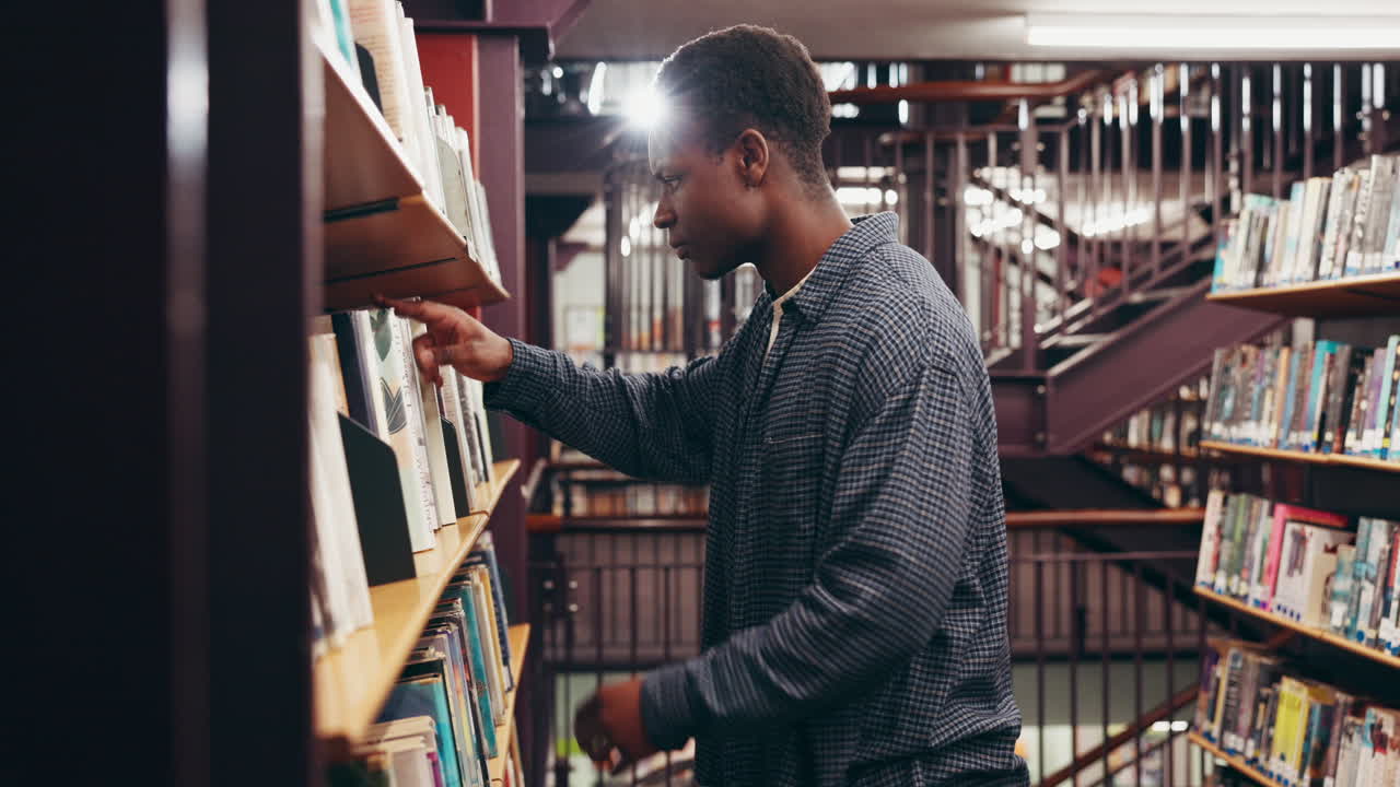 Man reading a book in a library