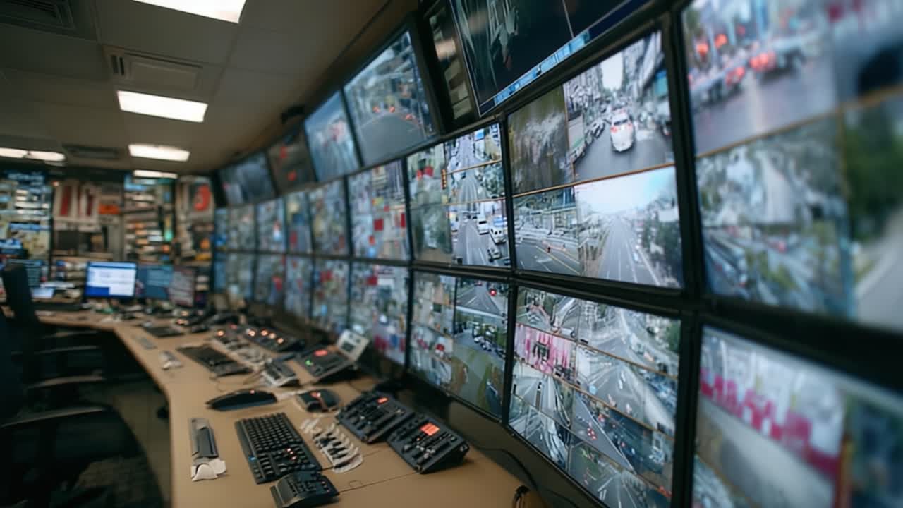 Un'ampia panoramica di una moderna sala di controllo della sorveglianza, piena di monitor multipli che mostrano il traffico e l'attività cittadina in tempo reale per operazioni di sicurezza avanzate.