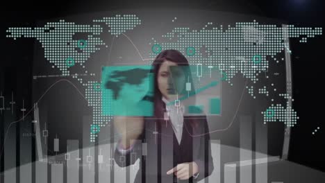 Animation-of-businesswoman-using-touchscren-interface-with-world-map-and-processing-data