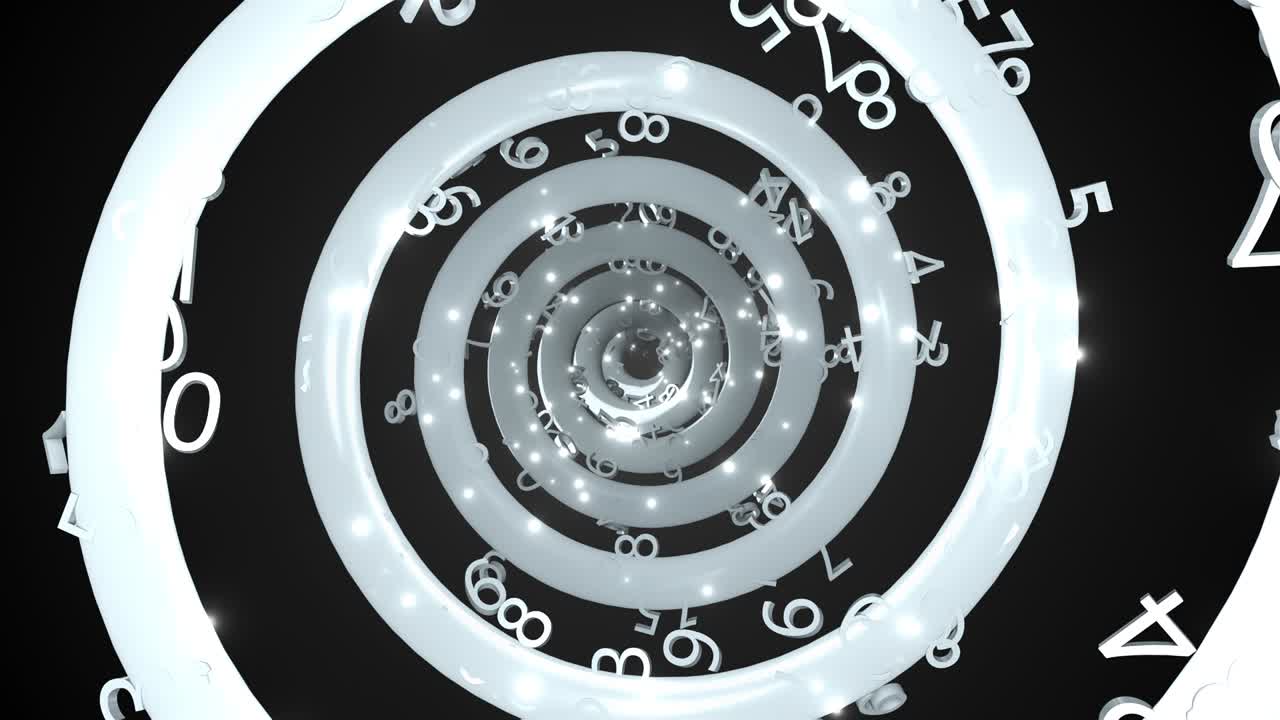 많은 숫자를 가진 무한한 추상적인 나선형, 3d 렌더링 컴퓨터 생성 배경