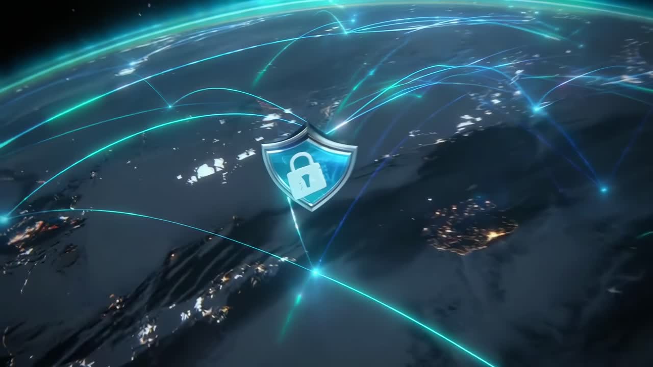 Video aereo della Terra di notte, che mostra reti luminose e flussi di dati attraverso i continenti