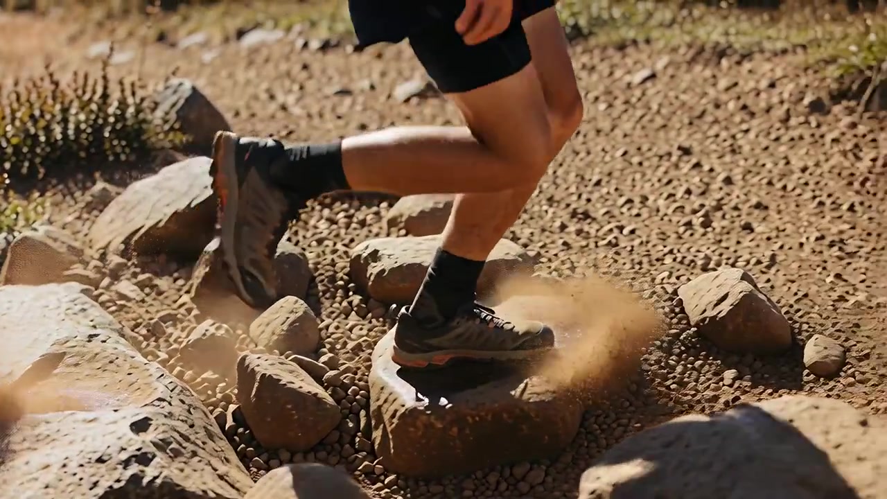 Pernas de um corredor saltando, precisando atravessar um riacho para continuar a trilha, vestindo shorts pretos e sapatos marrons.