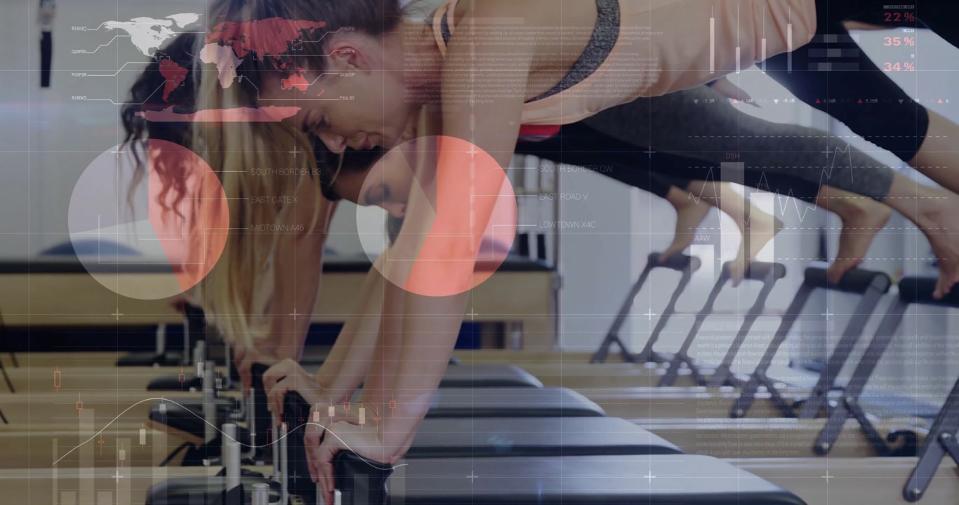 Two women gripping reformer bars and pulsing into plank, showing live fitness metrics overlays