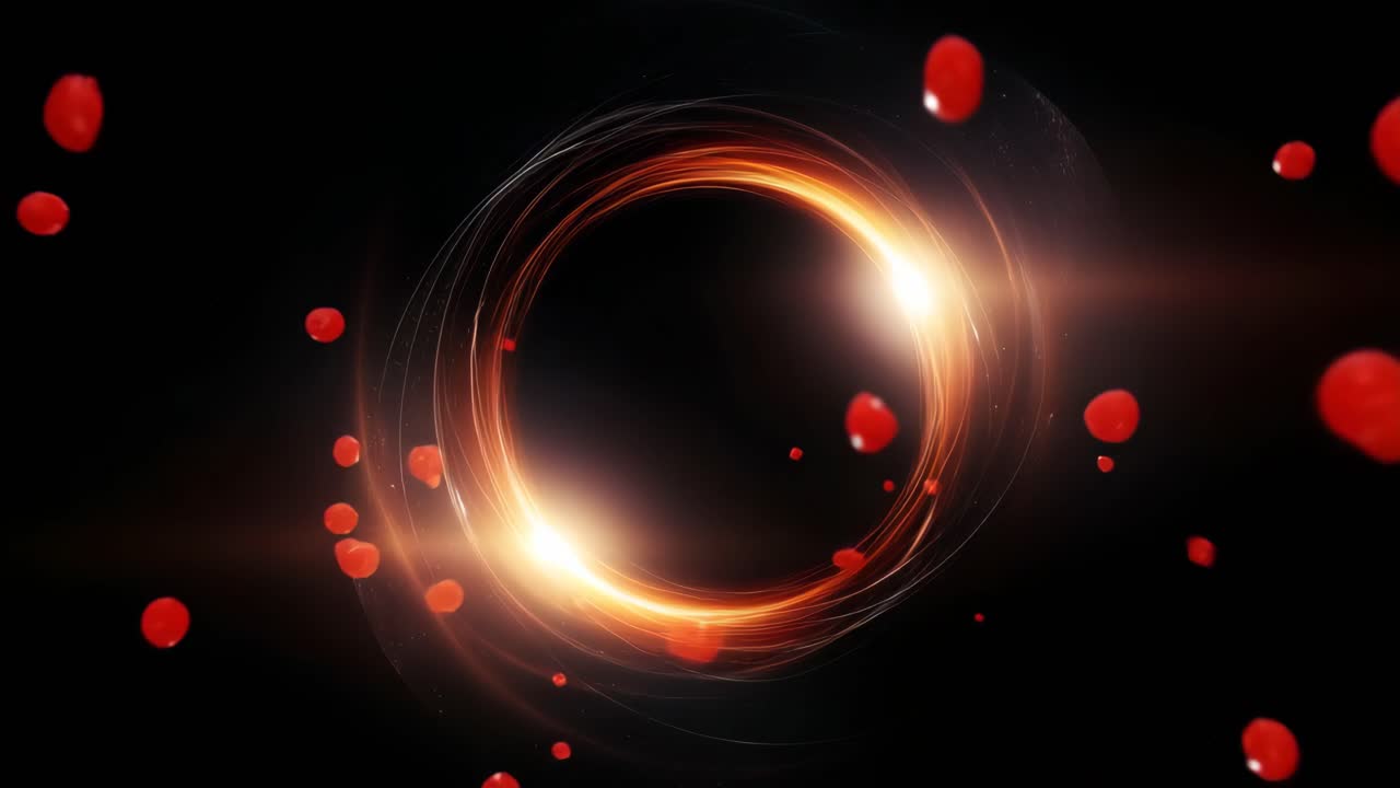 A dynamic video concept with a glowing circular light effect and floating red particles
