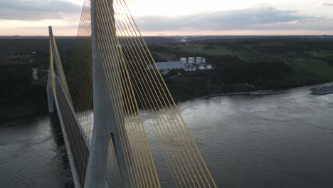 Aerial-Drone-Fly-Above-Bridge-Connection-in-Triple-Frontier,-Brazil-Paraguay-and-Argentina-Junction-Area,-Parana-and-Iguazu-Rivers