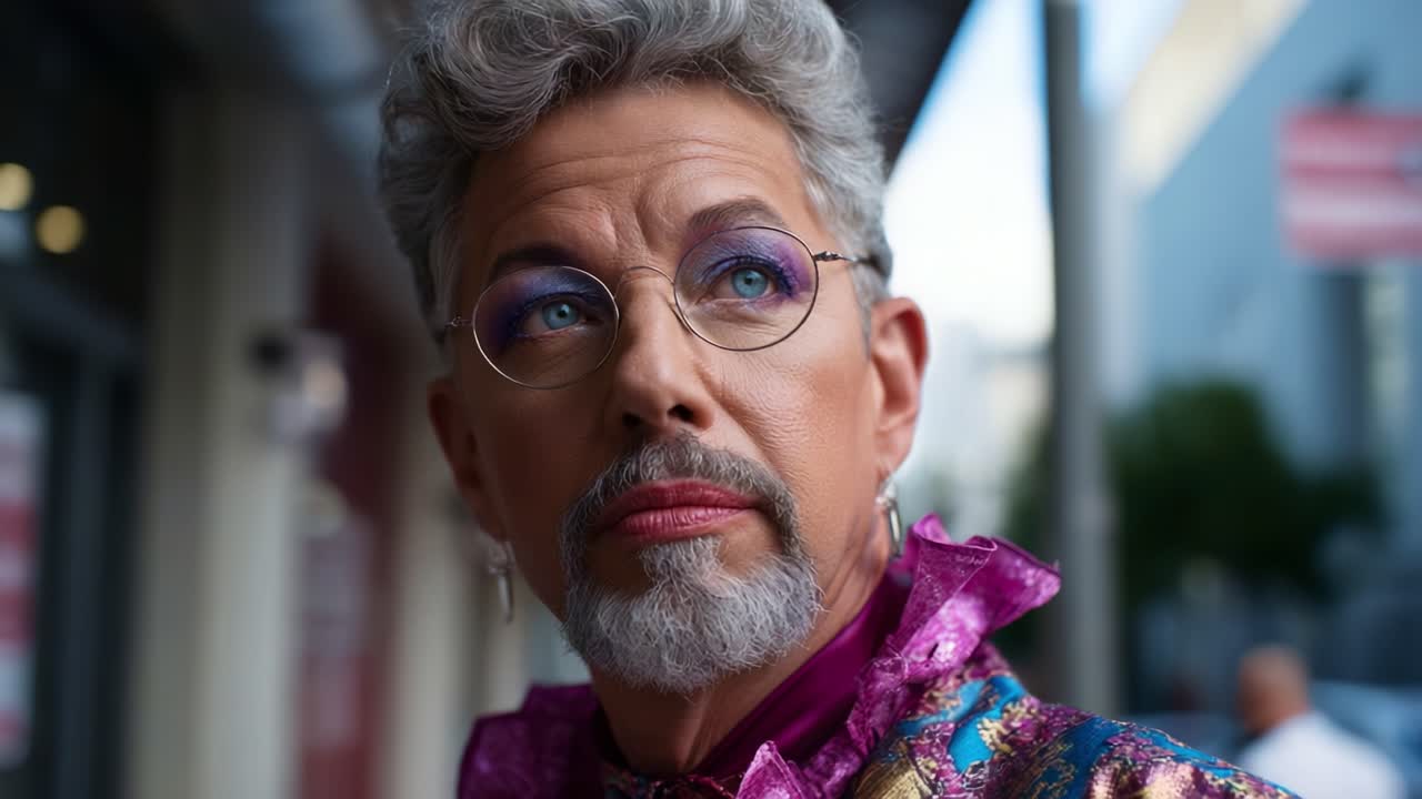 Un individuo sicuro di sé che sfoggia una moda colorata con un trucco distintivo e uno stile unico in un vivace ambiente urbano al crepuscolo