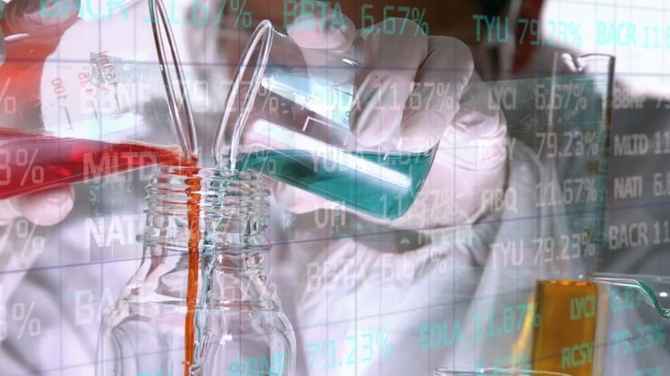 Animation of data processing over scientist pouring liquid into bottle