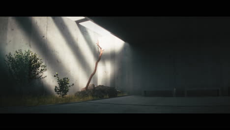minimalist concrete interior with natural light and plants