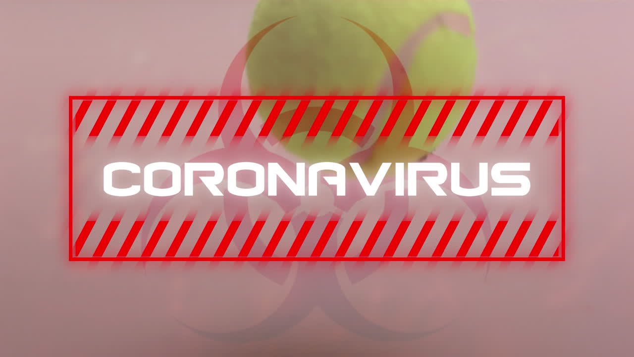 Animazione della parola Coronavirus con palla da tennis sullo sfondo