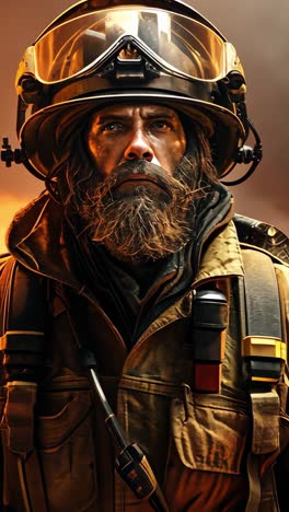 soldier stands heroically amidst flames in a dramatic firefighting scene