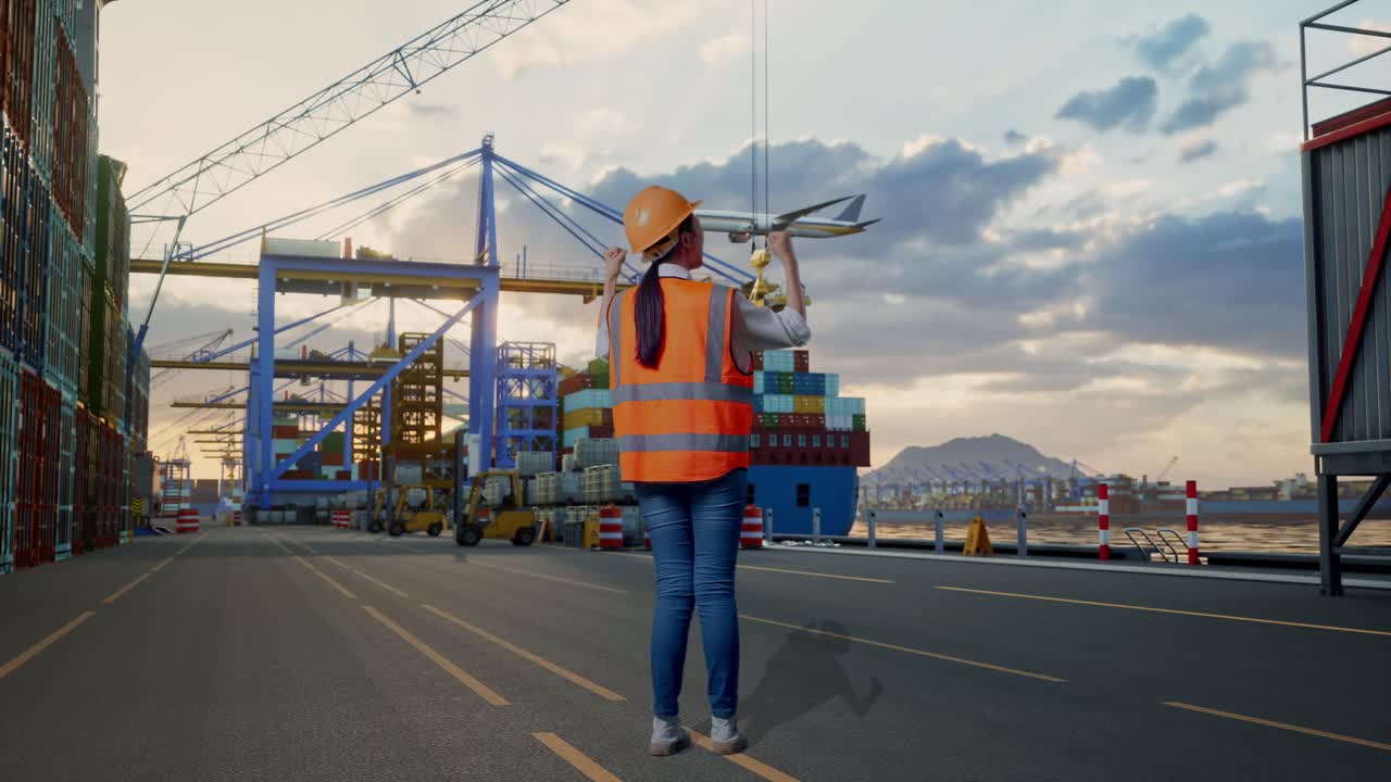 Vista posteriore a figura intera di un'ingegnera con casco di sicurezza che alza le mani per festeggiare mentre lavora al porto con nave portacontainer e gru al tramonto.