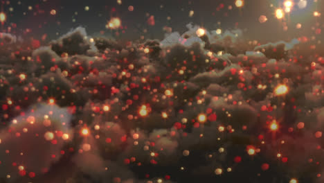 animation of christmas decoration with glowing yellow and red spots over clouds