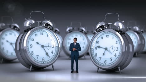 Businessman-looking-at-his-watch-with-giant-clock-on-background