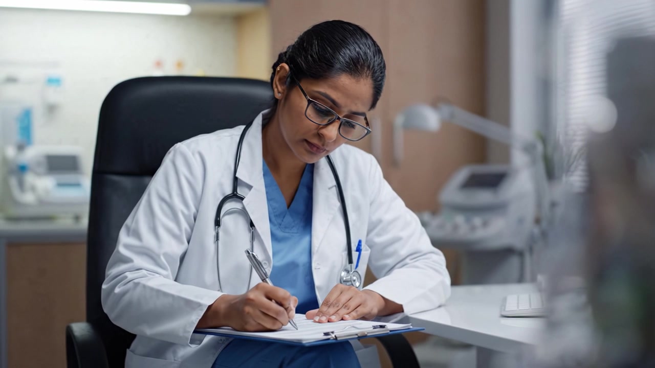 Focused Medical Professional Writing Notes in a Clinical Office Setting, Demonstrating Commitment to Patient Care and Attention to Detail in Healthcare Environment